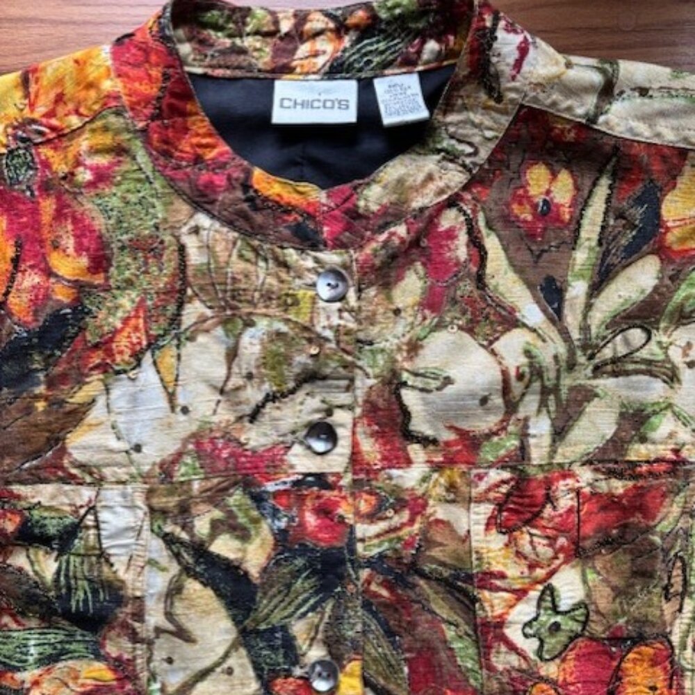 Chico’s Brown Green Textured Floral Button Front Long Sleeve Shirt 3/XL Harvest